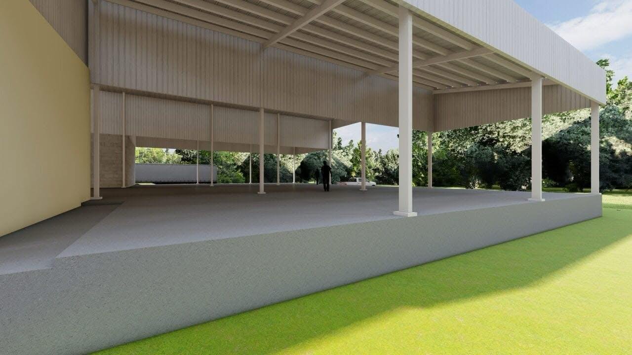 Render 3D de pabellón techado — propuesta de diseño